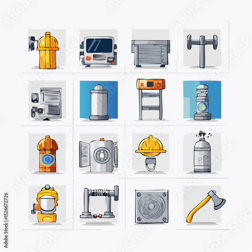 A collection of industrial and construction-related icons, including a fire hydrant, truck, toolbox, valve, and other equipment.