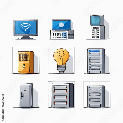Nine stylized illustrations of technology and electronic devices on a white background.