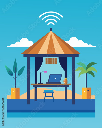 The villas poolside cabana is transformed into a makeshift office for a digital nomad complete with a comfortable desk and strong WiFi connection.. Vector illustration
