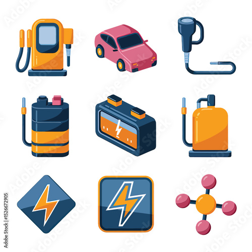 vector icons to vehicle fueling and charging a gasoline pump, an electric vehicle plug hydrogen mole