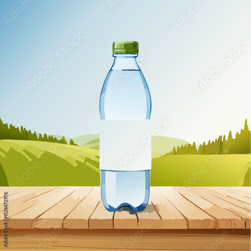 A plastic water bottle with a blank label sits on a wooden table, with a green landscape background.
