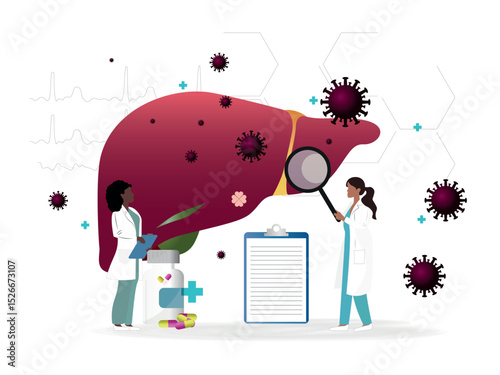 Doctors studying viral hepatitis infection with magnifying glass and medication