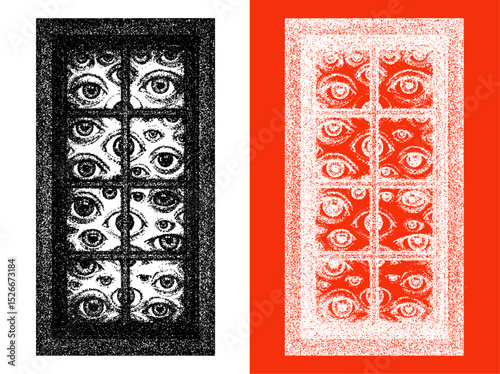 mysterious eyes in the window, retro stipple effect, halftone illustration