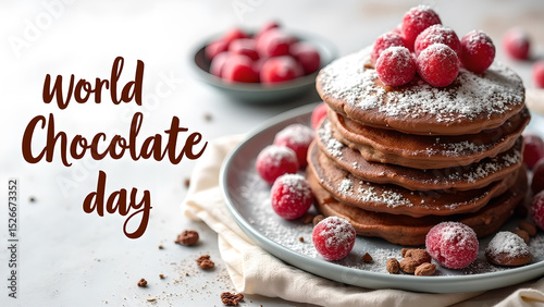 Delicious chocolate pancakes with raspberries and powdered sugar for world chocolate day