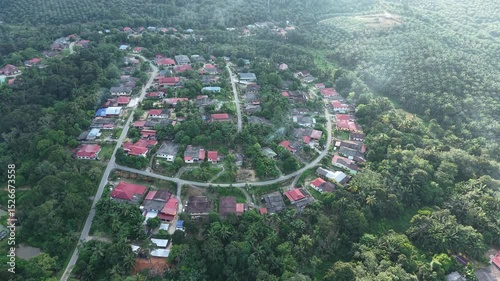 Aerial view of a local Malaysian oil palm plantation village in the morning. Warm sunlight filters through light mist, revealing rows of palm trees and scattered village homes.