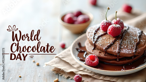 Celebrate World Chocolate Day with decadent chocolate pancakes and fresh raspberries
