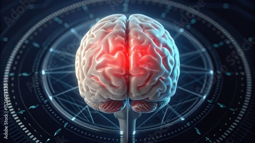 A digital illustration of a brain with glowing sections, set against a futuristic background with geometric patterns and circuits.