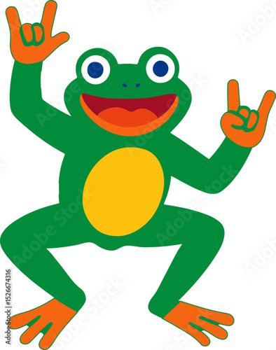Rock and Roll Frog: A vibrant cartoon frog with expressive eyes and a big smile throws up the "rock on" hand gesture. A celebration of fun and joyful moments.