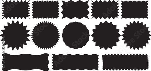 Zig zag edge rectangle shape and circle shape, Different shapes frame with zigzag edge, Rectangular jagged curved box element, Zig zag wavy rectangle shapes, Geometric zig zag wavy labels.