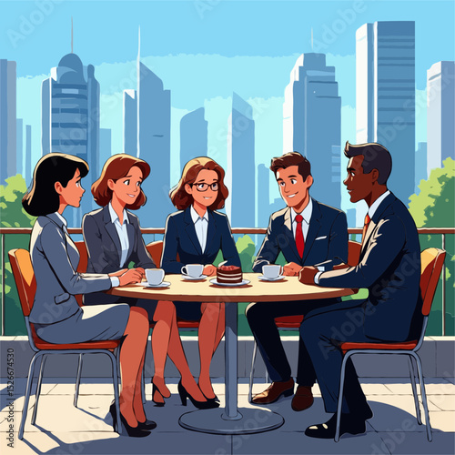 Business colleagues enjoying coffee and cake on balcony
