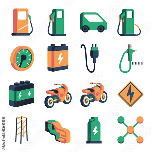 vector icons to vehicle fueling and charging a gasoline pump, an electric vehicle plug hydrogen mole