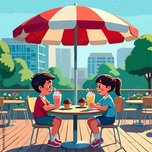 Happy children enjoying milkshakes and cupcakes at outdoor cafe