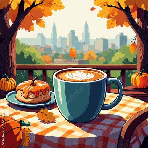 Autumn latte and pumpkin pastry on city balcony