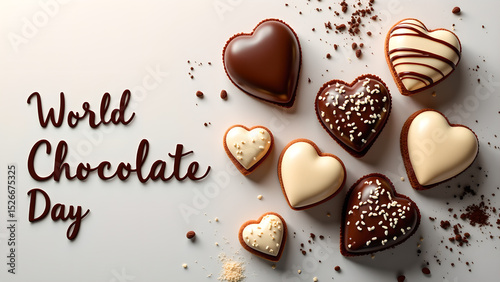 Celebrate world chocolate day with heart shaped sweets and cocoa powder details