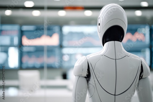 Humanoid robot operator monitoring stock market data on multiple screens