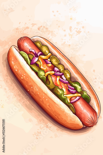 Colorful Gourmet Hot Dog Illustration