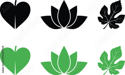 Botanical Icon Vector Set Heart, Lotus, Fig Leaf Silhouettes