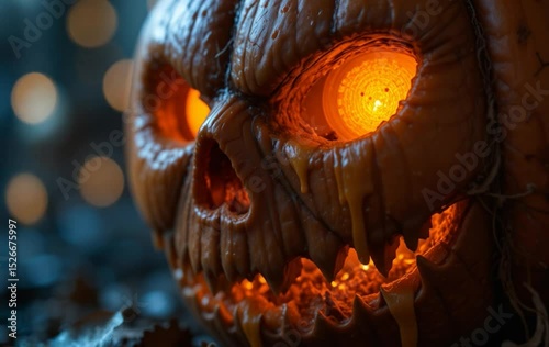 Close-up of a Halloween pumpkin with a scary face carved into it for festive decoration photo