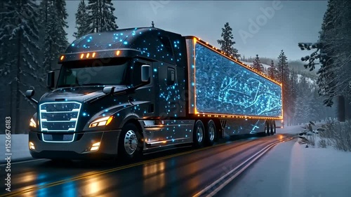 Futuristic big rig driving through snowy landscape