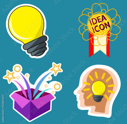 Hand drawn stickers with bright idea elements. Scribble sketch style, Illustration for stickers is idea lamp, imagination box with stars and brain filled with lights, flat design