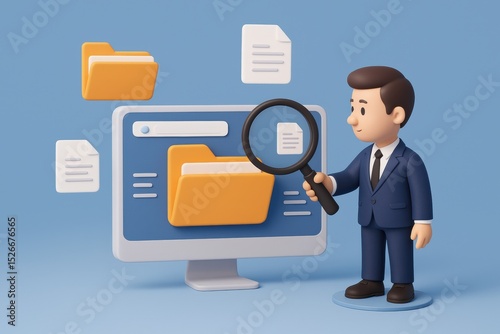 Businessman examining digital folders and documents computer screen
