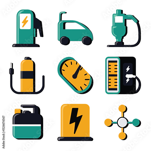 vector icons to vehicle fueling and charging a gasoline pump, an electric vehicle plug hydrogen mole