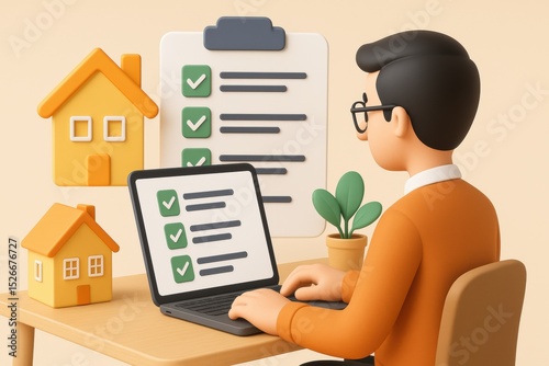 Person working laptop with house models and checklists background