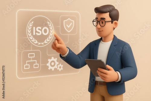 Cartoon man business suit interacts with digital icons related to