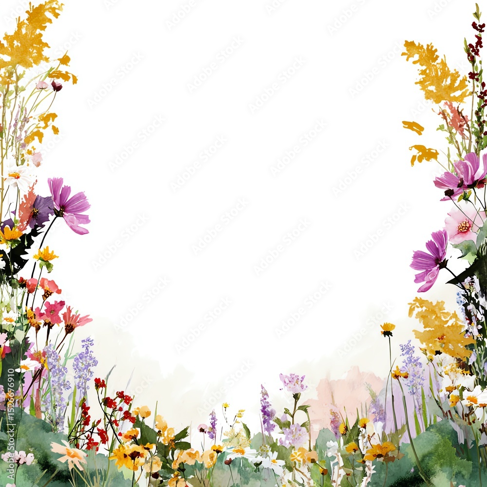 Obraz premium Vibrant floral border with various colorful wildflowers enhancing blank space.