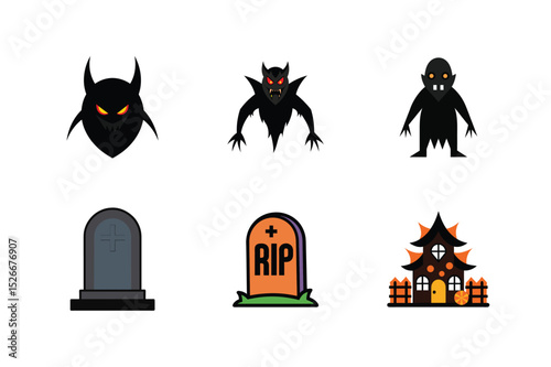 Halloween icon set with monsters gravestones haunted house spooky fun Vector illustration
