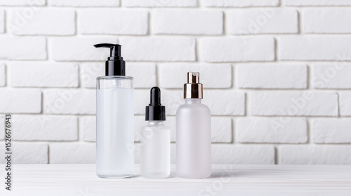 A trio of elegant cosmetic bottles with blank white labels, presented on a seamless white tabletop in front of a textured white brick wall.