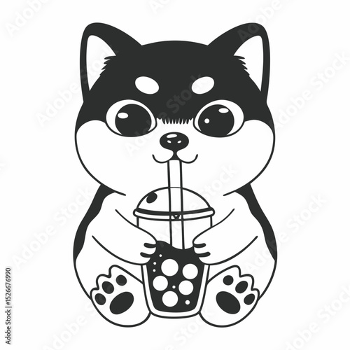 Vector cute shiba inu drinking boba
