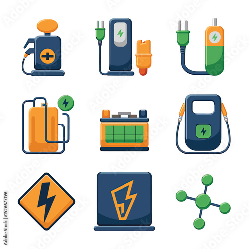 vector icons to vehicle fueling and charging a gasoline pump, an electric vehicle plug hydrogen mole