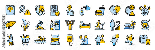 Obesity health risks overweight lifestyle disease diabetes vector line icons