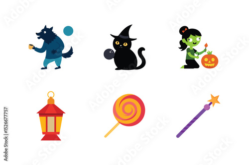 Halloween festive icon collection including lollipop lamp witch black cat Vector illustration