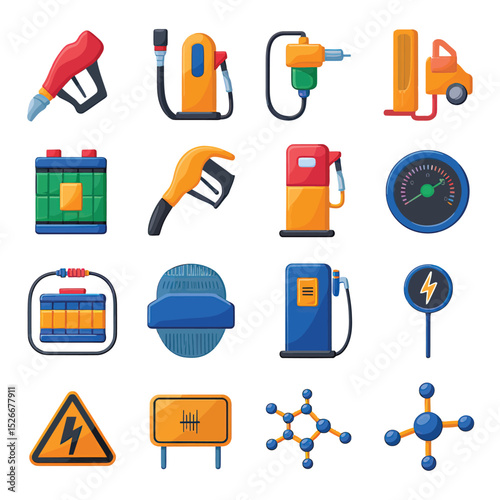 vector icons to vehicle fueling and charging a gasoline pump, an electric vehicle plug hydrogen mole