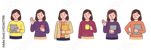 Hand-drawn set of female office workers and digital professionals with gadgets and documents. Women in casual poses with tablets, phones, cups, and headsets. Line art vector illustration on white