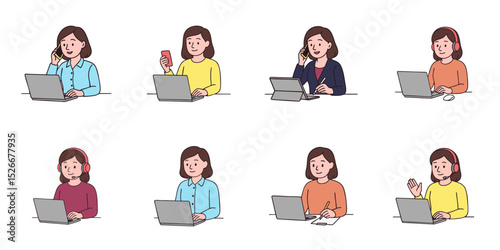 Hand-drawn set of female online support agents and remote professionals using laptops, phones, and headsets. Different office poses and expressions. Clean line art vector illustration on white 