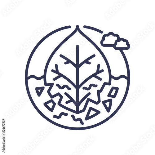 Leaf in circle with clouds and ground, symbolizing nature's cycle of life.
