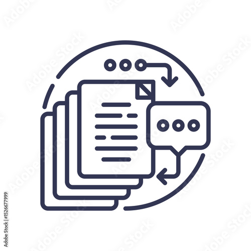Documents and speech bubble symbolize data processing and communication.