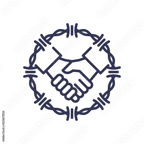 Handshake surrounded by barbed wire, symbolizing conflict resolution amidst tension.