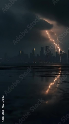 Lightning strike over urban skyline reflected in water at night