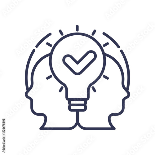 Two heads with a light bulb symbolize shared understanding and collaboration.