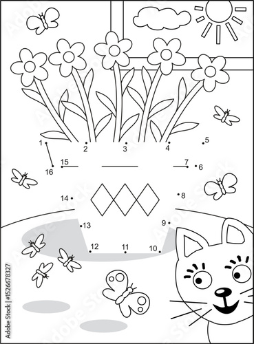 Potted flowers dot-to-dot hidden picture puzzle and coloring page, poster, or activity sheet with flower pot, butterflies and funny curious cat
