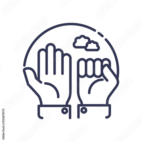 Open and closed hands symbolize acceptance and change, with clouds representing thoughts.