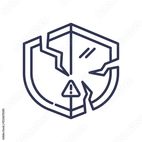 A cracked shield with an exclamation mark symbolizes vulnerability and protection issues.