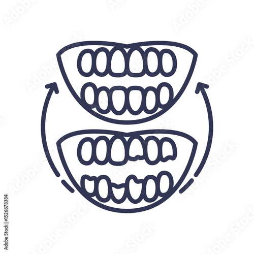 Illustration of dental transformation with arrows indicating change.