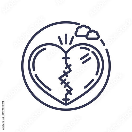 A stitched heart symbolizes healing from attachment anxiety, with clouds indicating emotional turmoil.