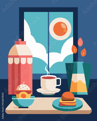 In the mornings traditional breakfasts are served directly to the room allowing for a peaceful and remote start to the workday.. Vector illustration