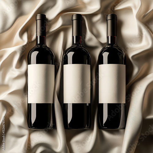 Wallpaper Mural A dark elegant wine bottle standing upright on a soft, cream-colored fabric background, with soft natural lighting casting gentle shadows. . High quality photo Torontodigital.ca